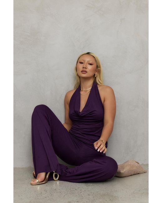 Why Mary Purple Diana Cowl Halter Neck Jumpsuit