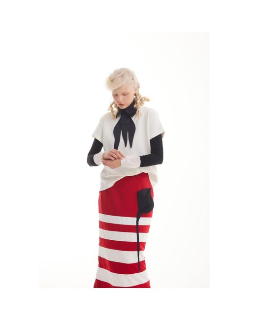 Julia Allert Red Contemporary Striped A-Line Skirt, Floral Detail–