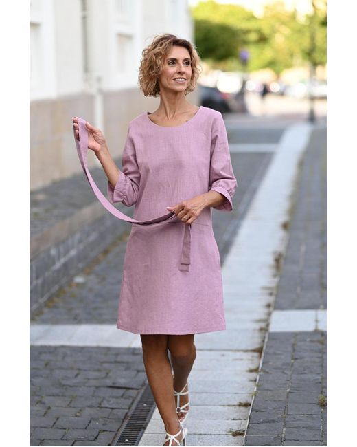 LeMuse Pink Emma — Stonewashed Linen Dress With Pockets & Tie Belt