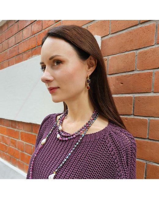Farra Red Natural Garnet With Agate Dangle Earrings