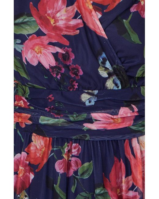 Yumi' Blue Blurred Floral Print Mesh Stretch Midi Dress With Pockets