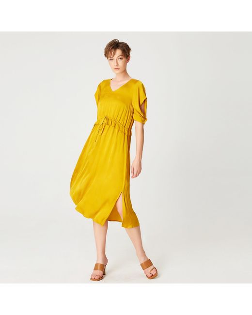 Smart and Joy Yellow V-Neckline Midi Dress With Drawstring Belt