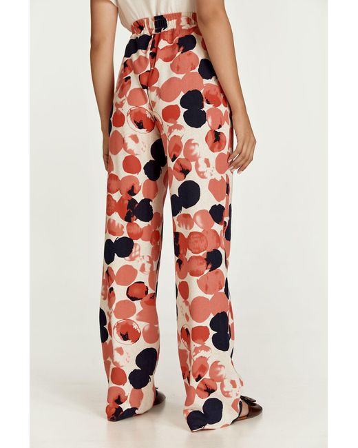 Conquista Red Apricot Print Linen Style Wide Leg Pants