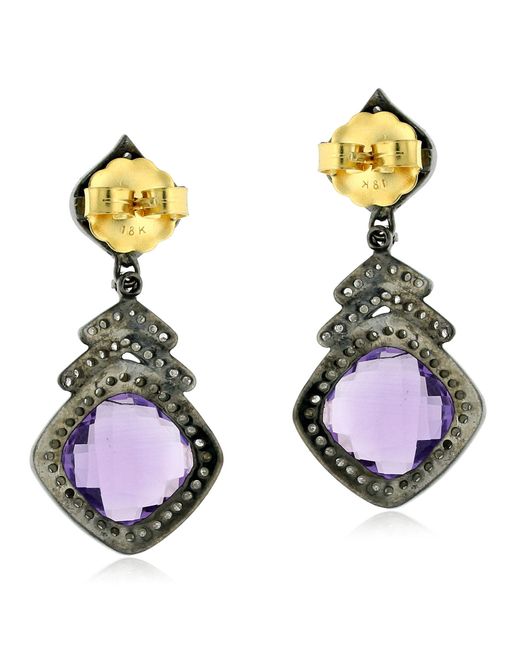 Artisan Purple Pave Diamond 18k Gold Amethyst Dangle Earrings Sterling Silver