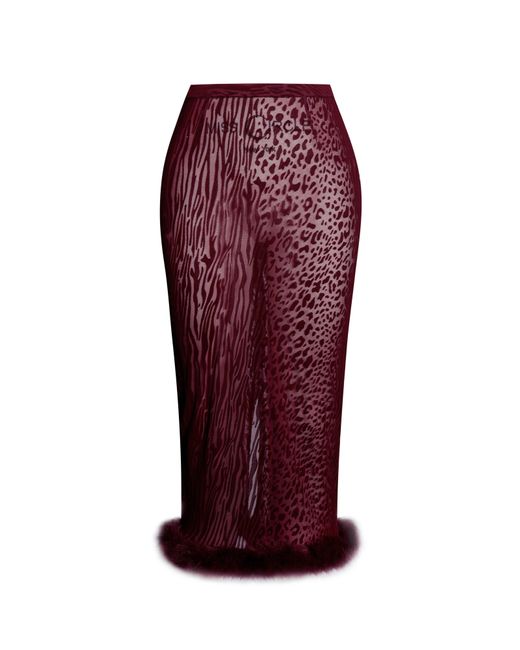 Miss Circle New York Red Halia Burgundy Animal Print Burnout Velvet Fur Trim Skirt