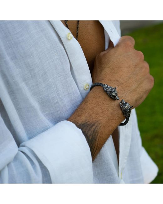 Ebru Jewelry Metallic Twin Wolf Sterling Bold Bracelet for men