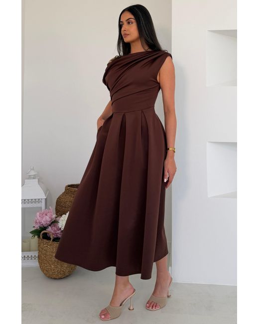 Girl In Mind Brown Betty Asymmetric Neckline Skater Midi