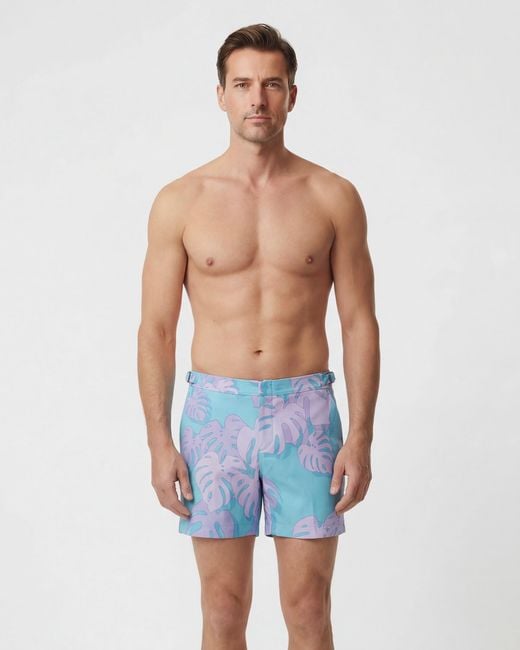 Lords of Harlech Blue Pool Monstera Floral Tailored Swim Short for men
