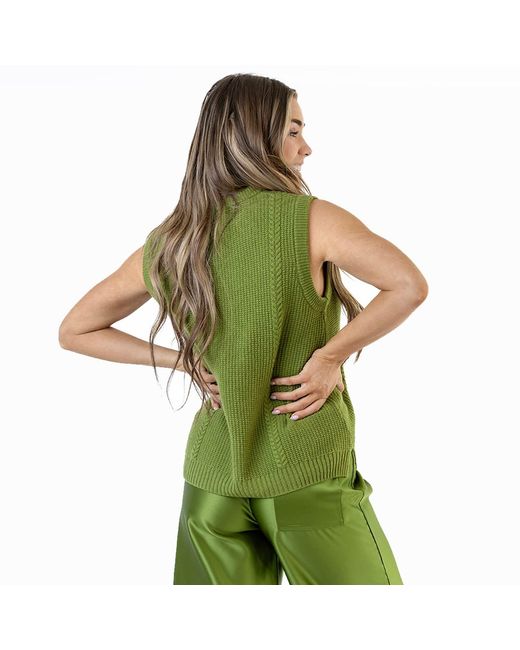 Zenzee Green Wool Cashmere Crew Neck Cable Knit Vest