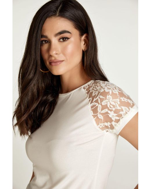 Conquista White Neutrals Ecru Top With Short Lace Sleeves