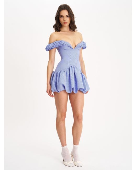 Miss Circle New York Blue Sablee Checkered Puffy Off Shoulder Trim Bubble Hem Mini Dress