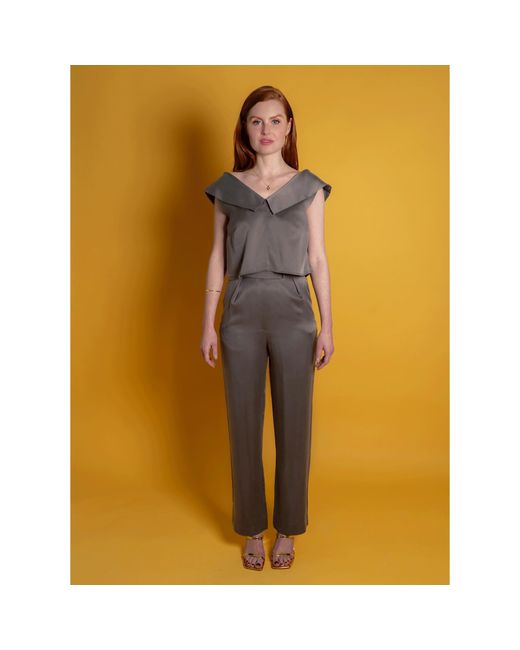 Femponiq Gray Off Shoulder Collared Crop Top