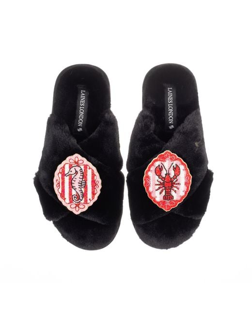 Laines London Black Classic Laines Slippers With Stripe Seahorse & Lobster Brooches