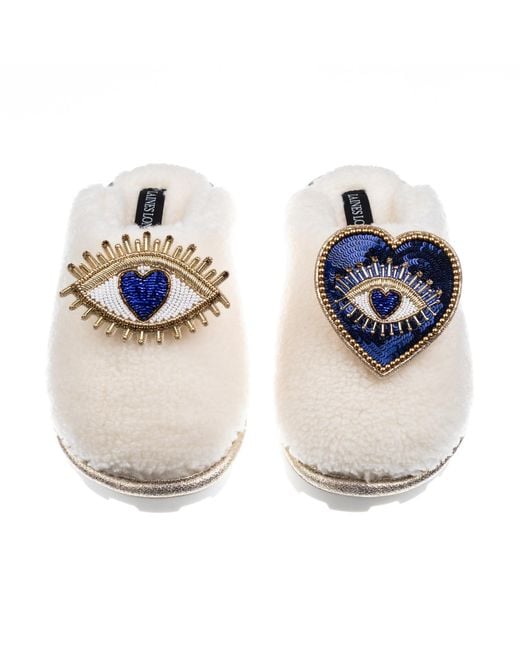 Laines London Blue Neutrals Teddy Closed Toe Slippers With Double Heart & Love Eye Brooches