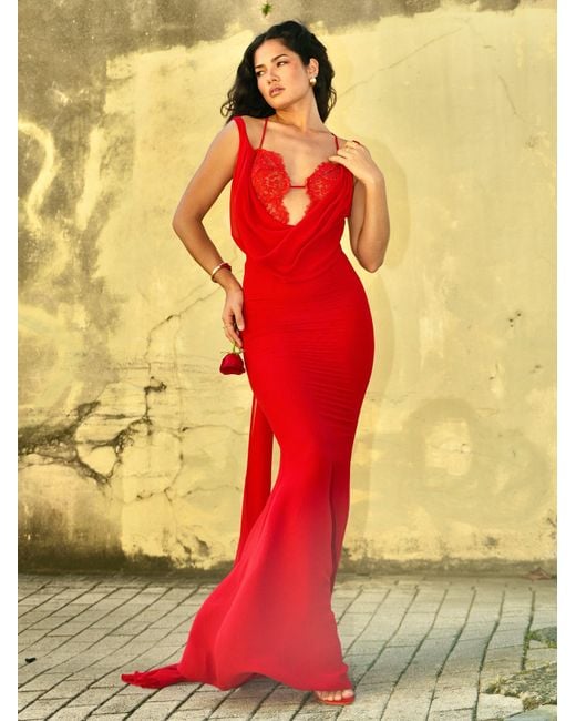 Miss Circle New York Red Ulanda Chiffon Lace Backless Maxi Train Dress
