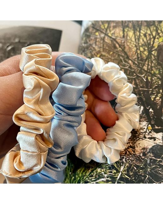 Soft Strokes Silk Blue Set Of Three Pure Mulberry Silk Mini Scrunchie Weekly Special Hair Ties Daisy Dreams