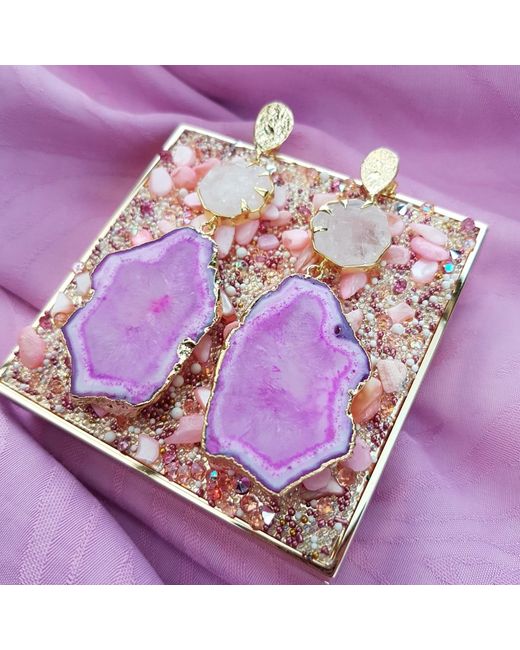YAA YAA LONDON Purple 'hold On' Rose Quartz Pink Agate Gemstone Gold Statement Earrings