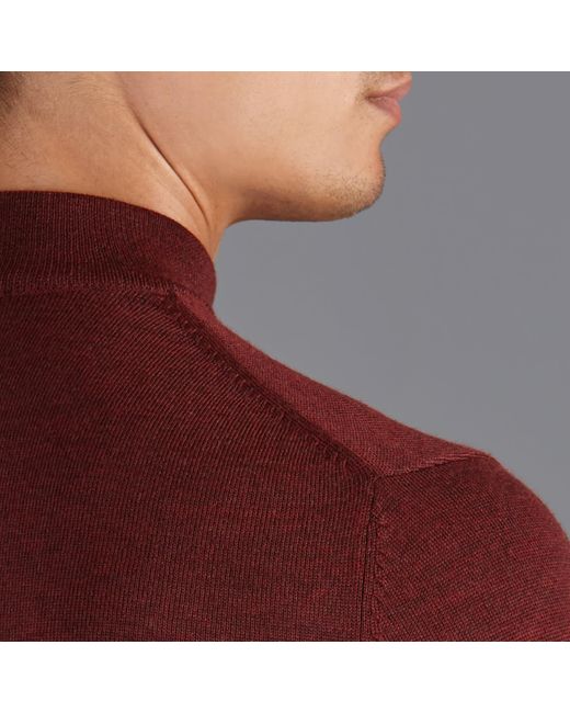 Paul James Knitwear Red Extra Fine Merino Wool Mock Turtleneck Shaw Jumper for men