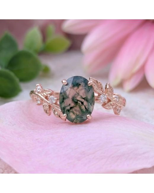 Azura Jewelry New York Metallic Between The Leaf Oval Moss Agate Ring Solid