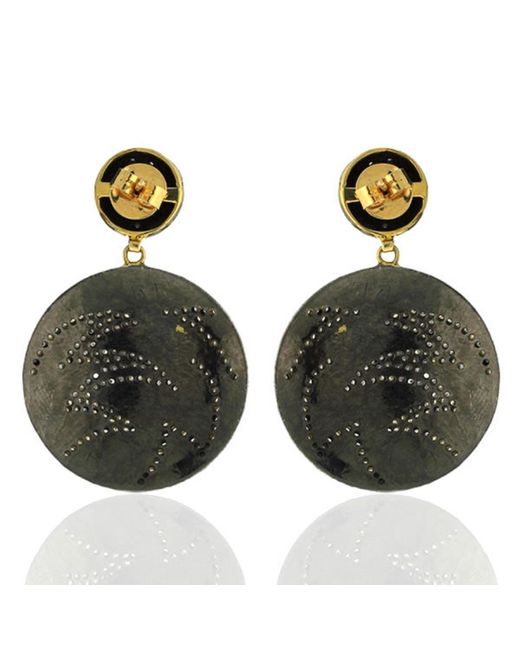 Artisan Black 14k Solid Gold & 925 Silver With Pave Diamond Enamel Round Dangle Earrings