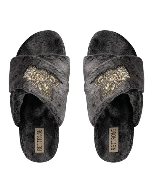 Rettrose Black Georgia Charcoal Luxury Plush Diamanté Embellished Handmade Slipper