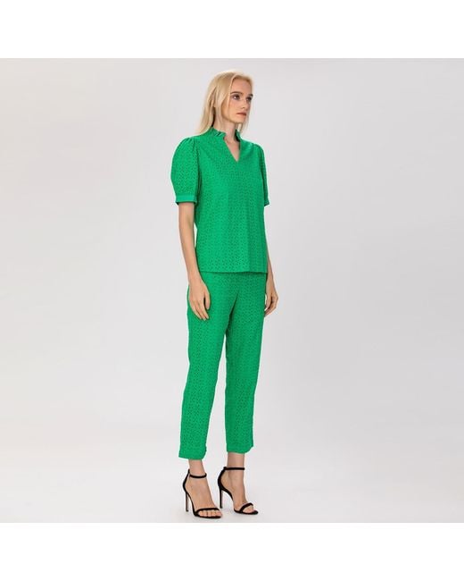 Smart and Joy Green Eyelet Cotton Lace Loose Blouse