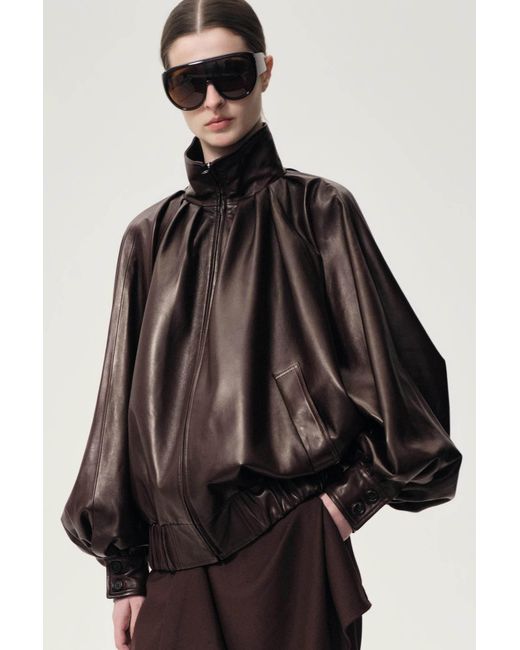 FRONT ROW SHOP Black Soft Pleated Balloon Leather Jakcet Dark
