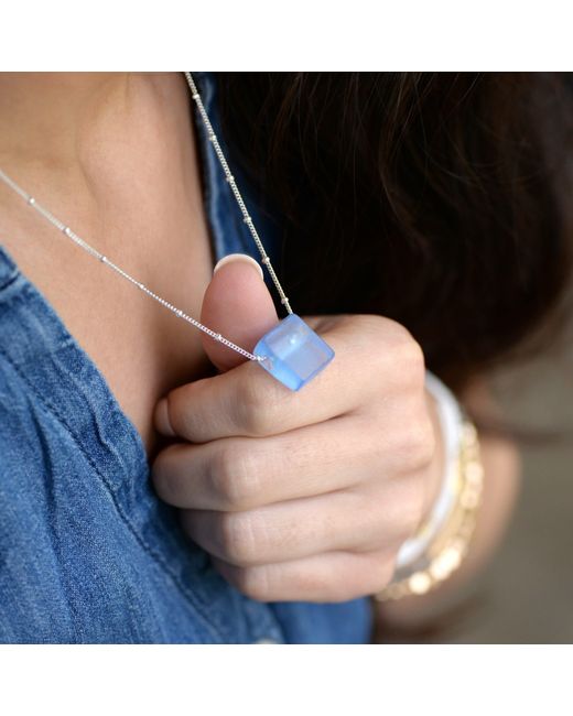 Smart Glass Jewelry Metallic Recycled Sake Bottle Cube Necklace Sterling Periwinkle
