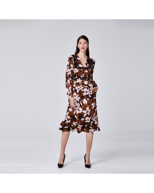 Smart and Joy Brown Ruffle Collar Macro Flower Print Dress