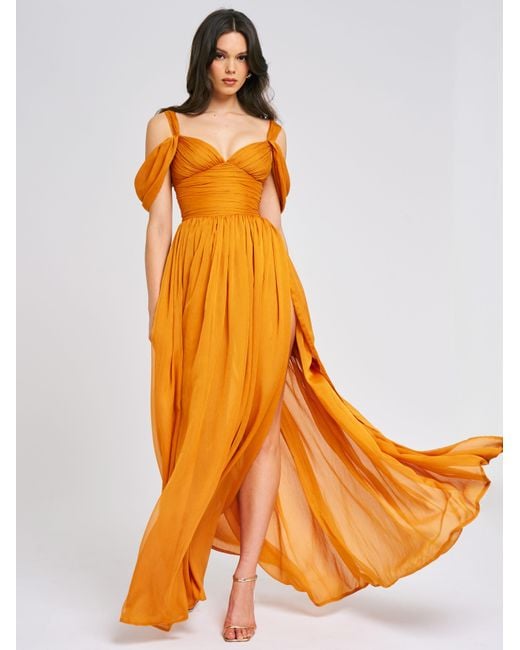 Miss Circle New York Orange Jelani Layered Mesh High-Slit Drape Maxi Dress