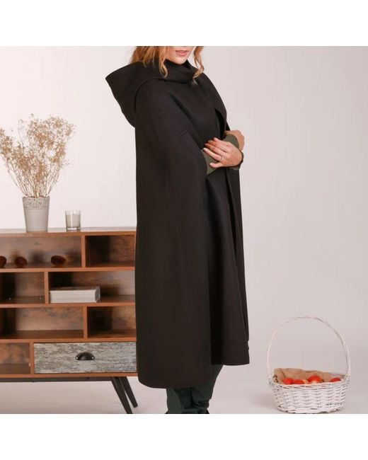 Nikka Place Black Wool Hooded Cloak Coat For Winter