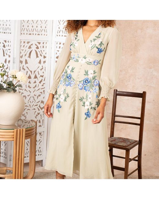Hope & Ivy Blue The Marissa Embroidered Long Sleeve Front Button Midi Dress