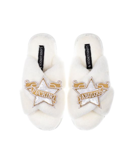 Laines London White Classic Laines Slippers With Fucking Fabulous Brooches