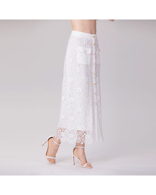 Smart and Joy White Lace And Center Buttons Straight Midi Skirt