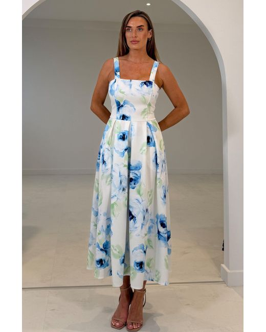 Girl In Mind Blue Heather Floral Pleated Midi Dress