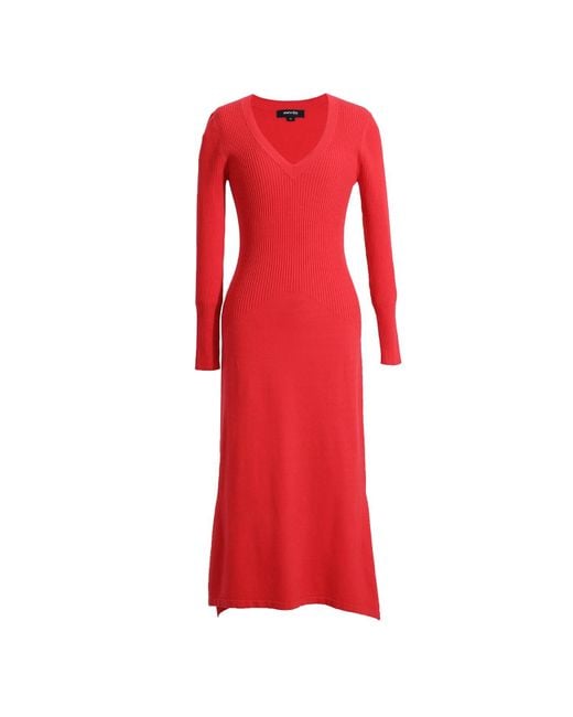 Smart and Joy Red Slim V-Neck Sweater Midi Dress