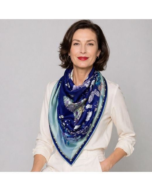 Wenzi Blue Neutrals Moonlit Menagerie Hand Painted Double Sided Silk Twill Scarf