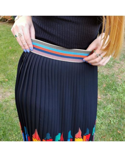 Lalipop Design Black Midi Pleated Skirt With Colorful House Prints