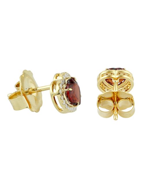 Artisan Brown Red Heart Shape Garnet Gemstone & Pave Diamond In 18k Yellow Gold Stud Earrings