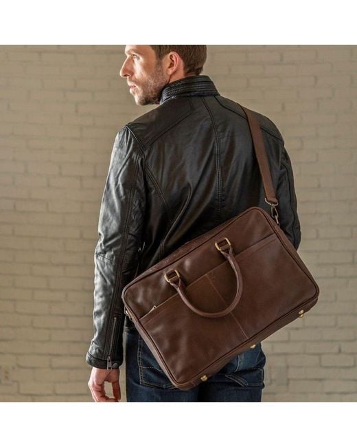 Hides Leather Co. Brown Handmade Leather Briefcase, Slim Laptop Messenger With Shoulder Strap for men