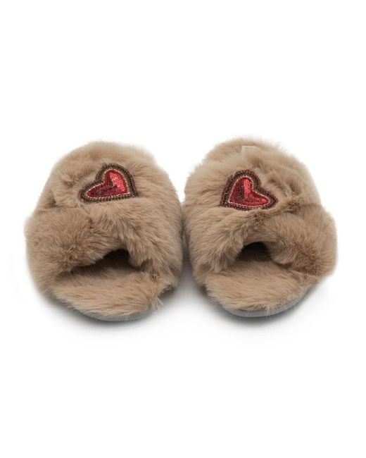 Rettrose Natural Neutrals Amour Mink Luxury Plush Diamanté Heart Embellished Handmade Slipper