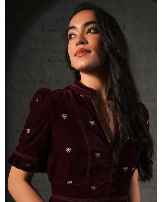 Rose & Nancy Purple Sara Burgundy Heart Embroidered Velvet Dress
