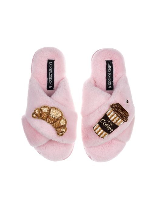 Laines London Pink Classic Laines Slippers With Coffee Cup & Croissant Brooches