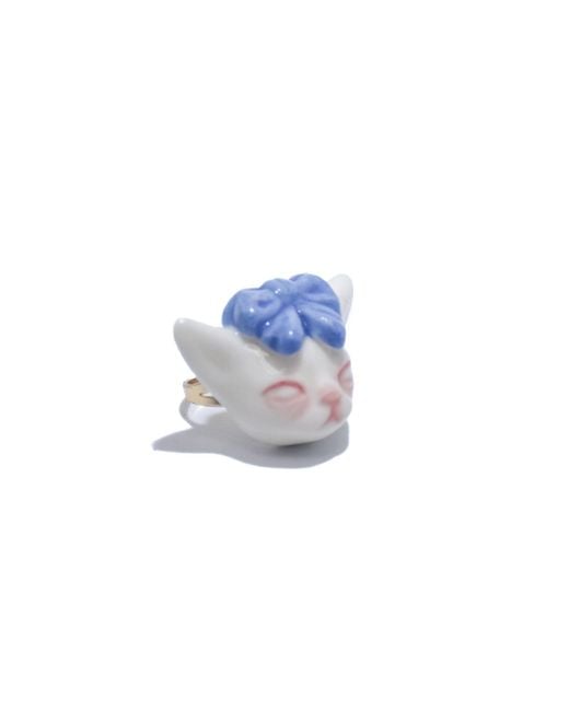 H2 Studio Blue Angry Puss Porcelain Bow Tie Cat 14K Plated Brass Ring