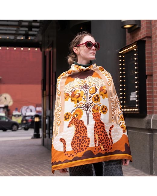 Jessie Zhao New York Brown Double Sided Silk Scarf Of Leopards With Floral Fountain