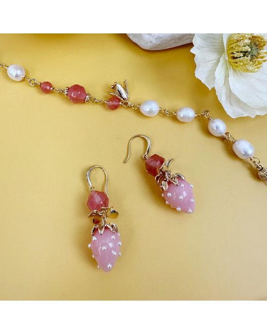 Farra Red Watermelon Quartz With Strawberry Glass Dangle Earrings