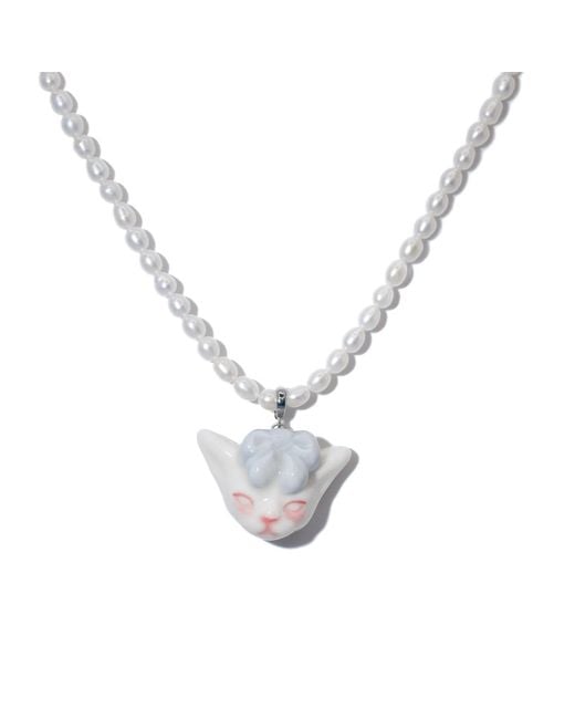 H2 Studio Metallic Angry Puss Light Misty Bow Tie Freshwater Pearl Necklace