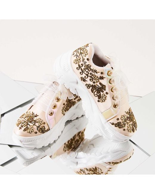 Rettrose Natural Neutrals Diana Luxury Buttermilk Satin Handmade Embellished Trainer