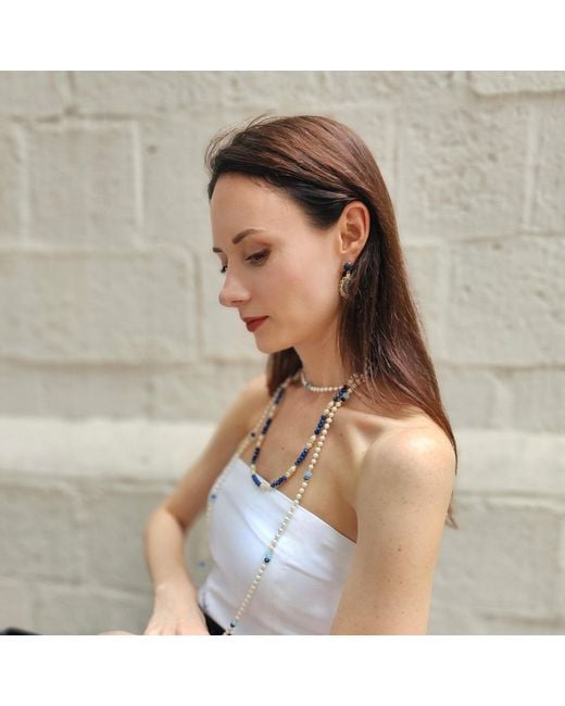 Farra Blue Lapis With Freshwater Pearls Matinee Length Necklace