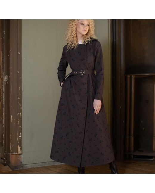 RainSisters Long Coat In Trapeze Cut With Black Floral Print: Velvet Leaves